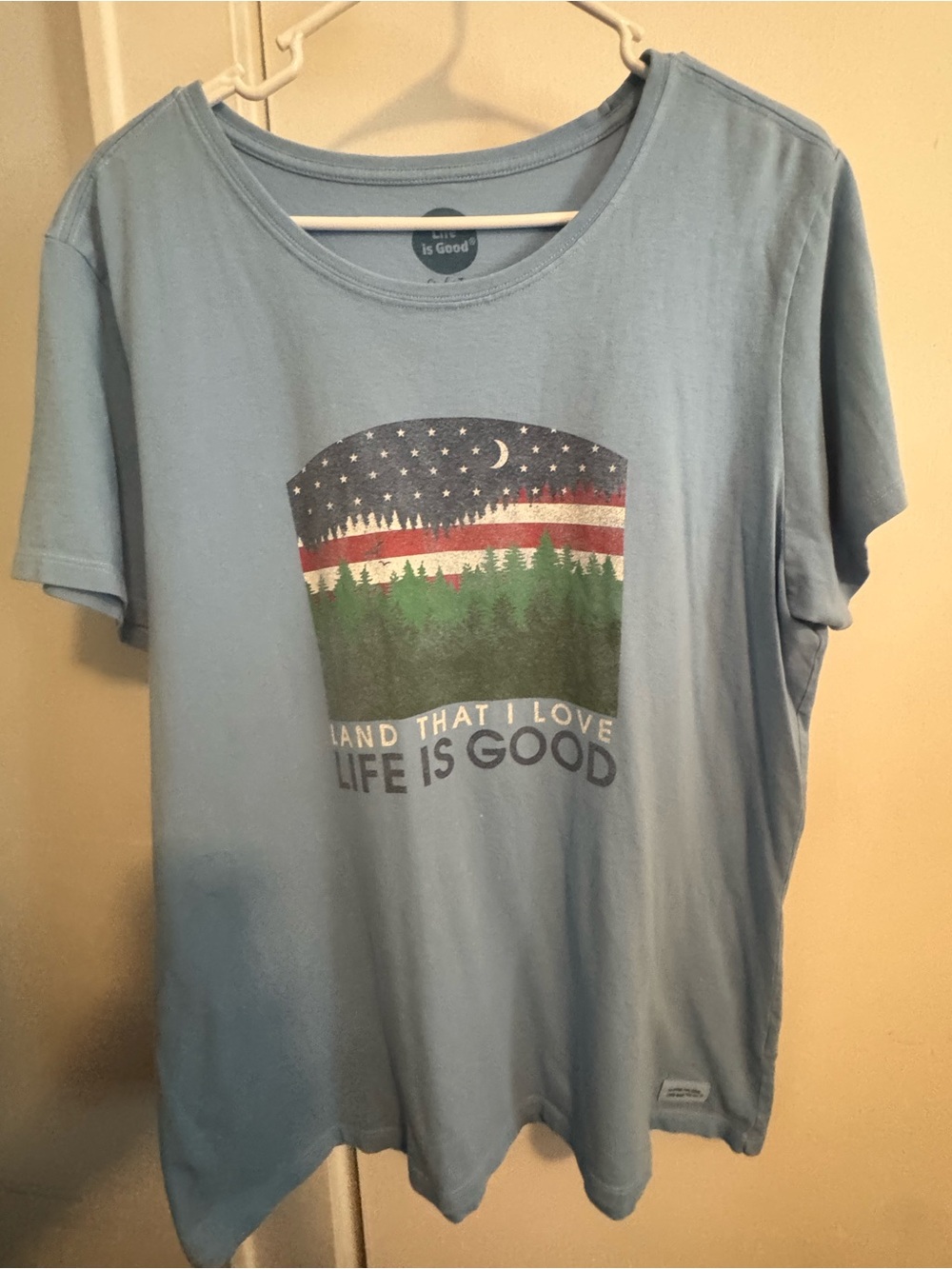 Life Is Good Womens Short Sleeve Tee in Light Blue with Patriotic Forest Graphic